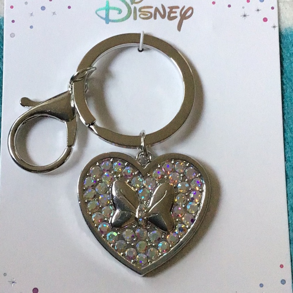 Disney Minnie Mouse Silver Heart Keychain with Iridescent Crystals 3”
